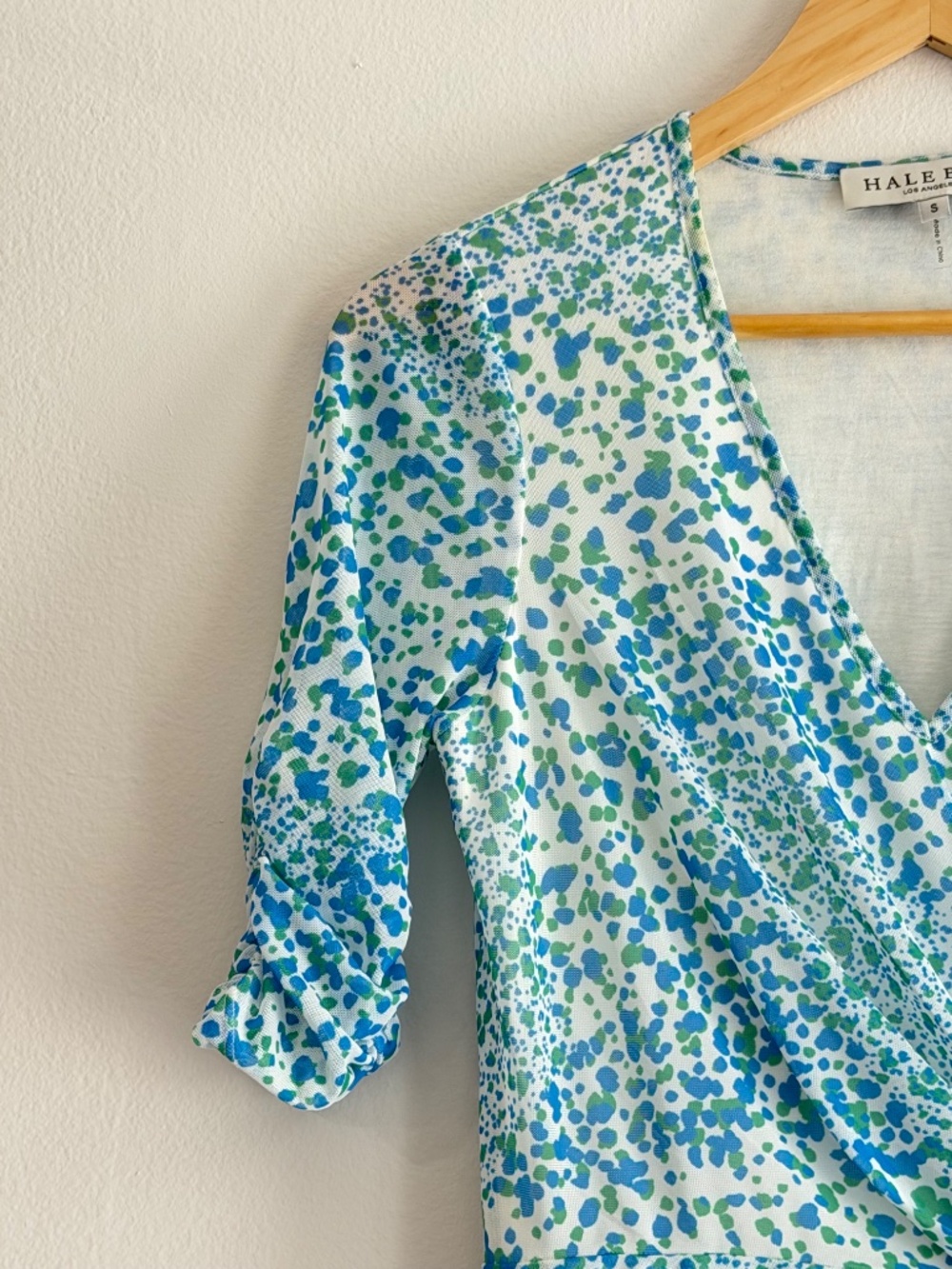 Hale Bob Twist Front Stretch Dress Elbow Sleeves Lined V- Neck Blue Green Print - Picture 5 of 12